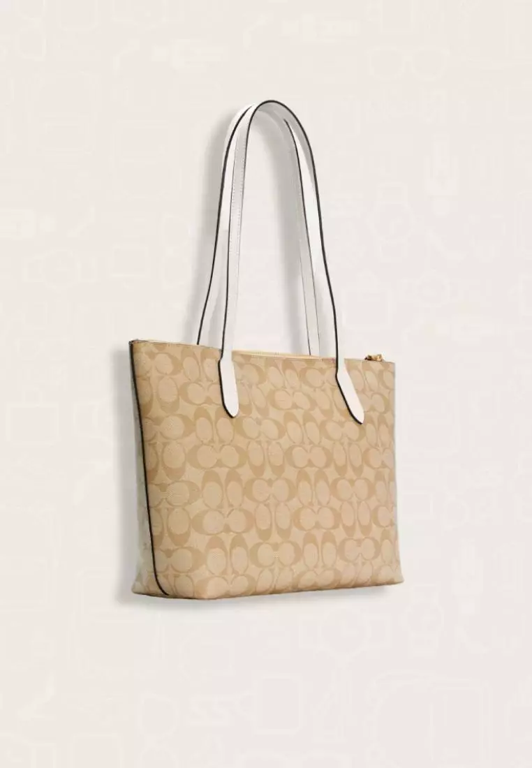 Coach Zip Top Tote In Signature Canvas Light Khaki Chalk