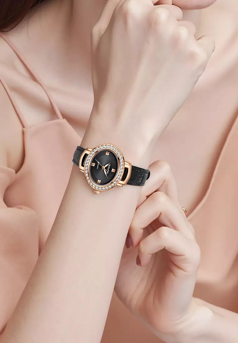 Jam Tangan Wanita Original Korea Kuarsa Antik Tali Kulit Kasual Oval Jam Tangan Cewek E052 black