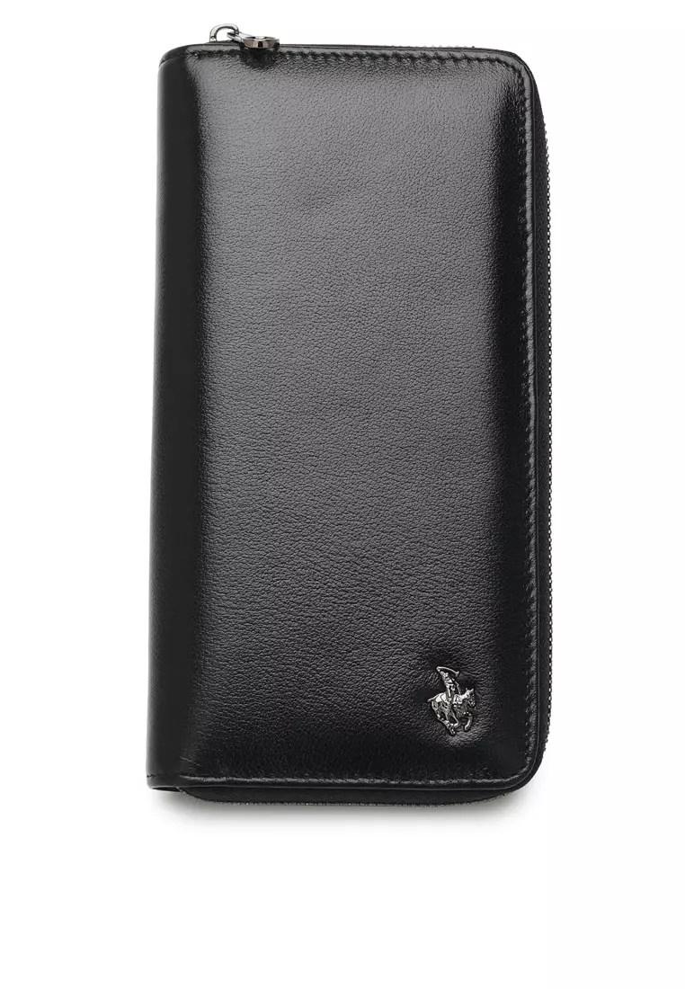Men's Genuine Leather Zipper Long Wallet - Black