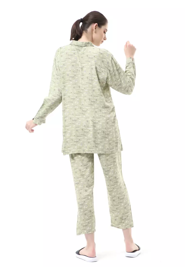 Nayra One Set Setelan Kemeja Wanita Lengan Panjang Love Motive Full Kancing Material Rayon ORIGINAL - Green