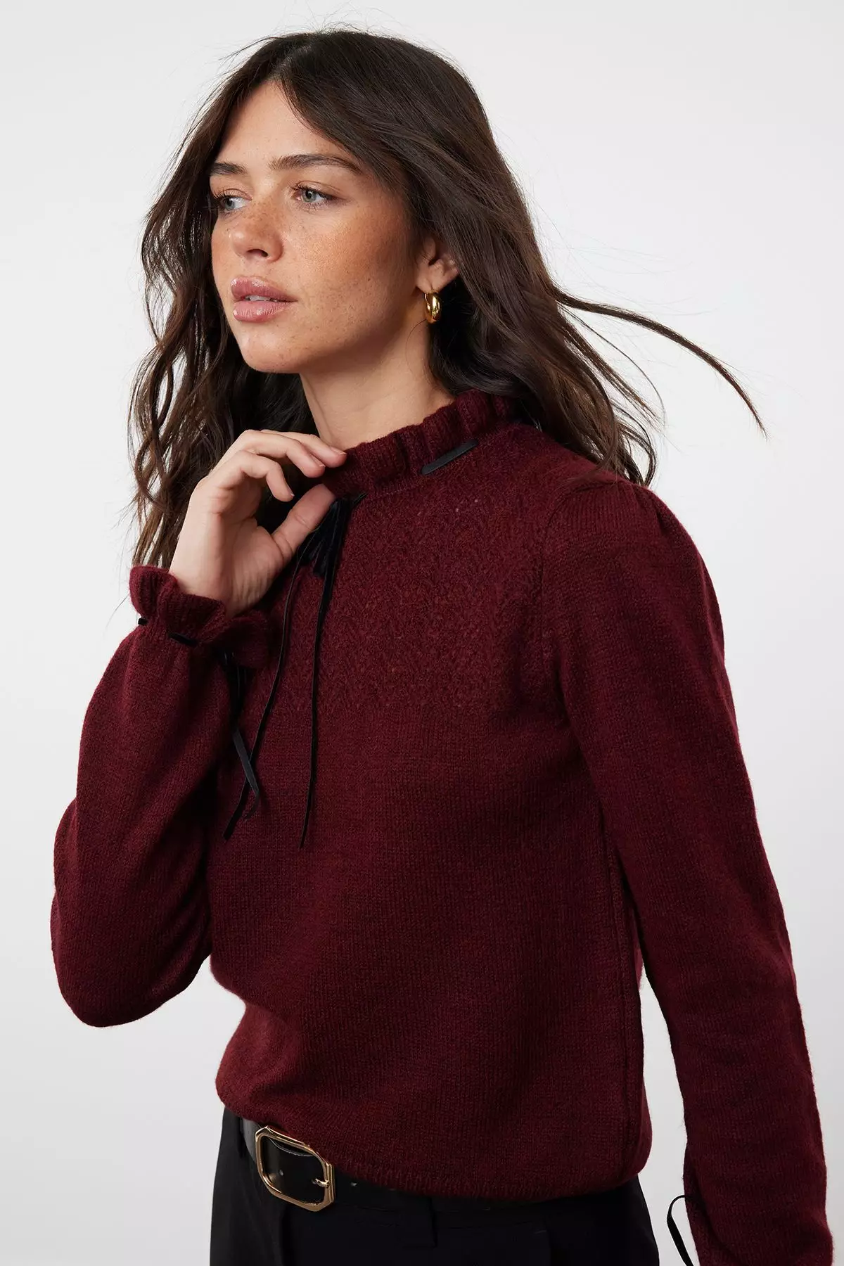 Claret Red Soft Texture Openwork/Hole Ribbon/Bow Detailed Knitwear Sweater TWOAW21KZ2355