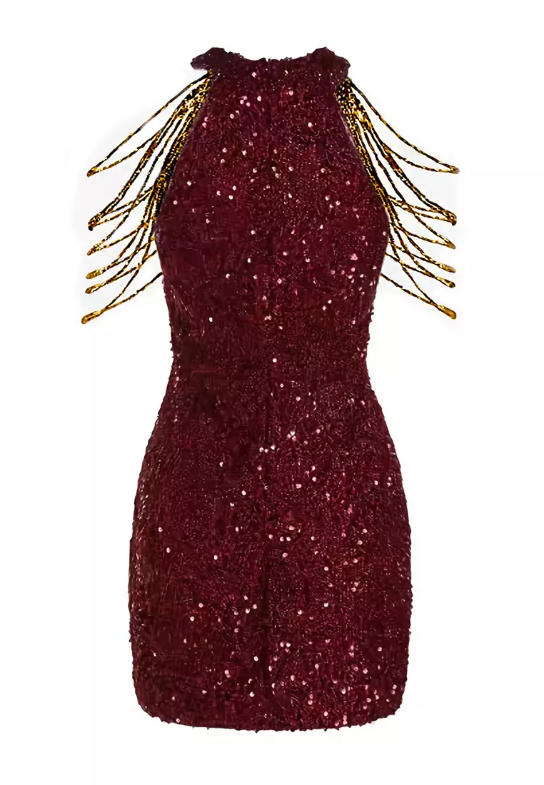 2025時尚掛脖性感水晶亮片流蘇連衣裙CA081626