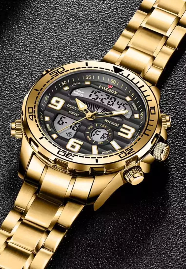 FOXBOX Unisex Stainless Steel Diver's Analogue/Digital Quartz Watch, Black Dial, Stainless Steel Bracelet, 30m Water Resistant