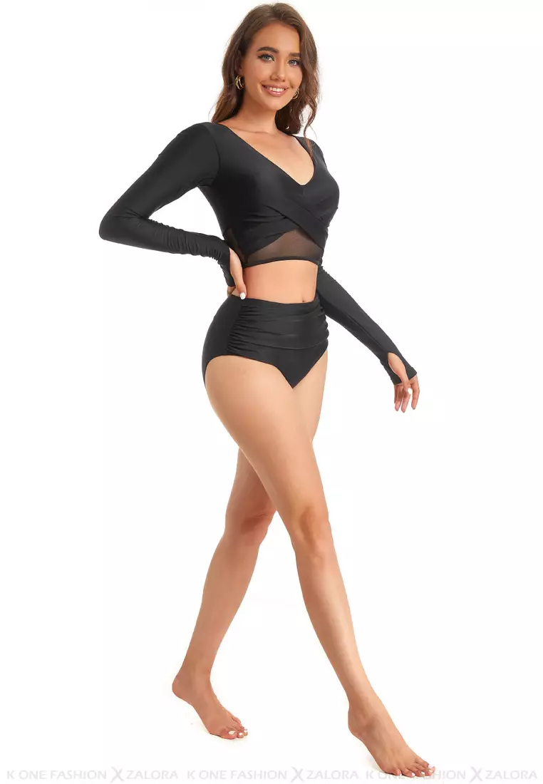 (2pcs) Sexy Mesh Long-Sleeved Bikini Swimsuit