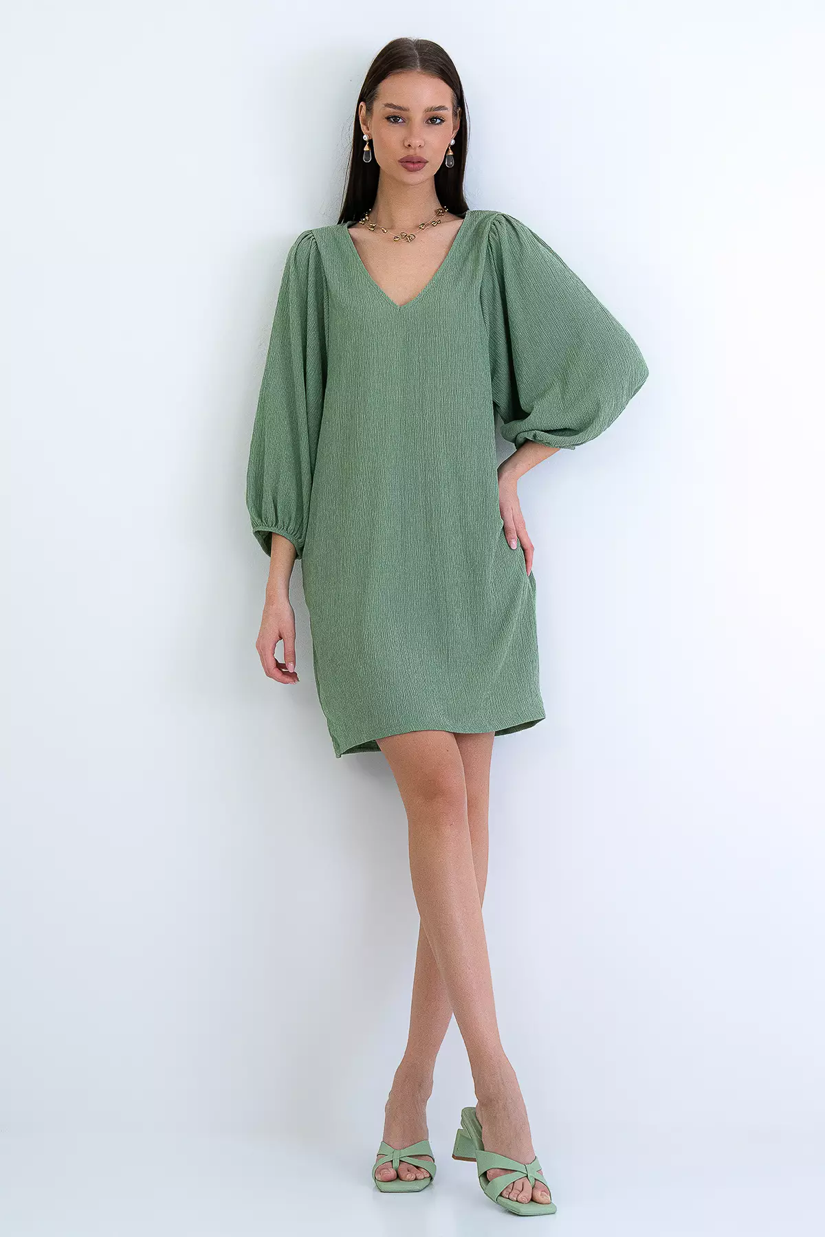 Khaki V-Neck Princess Sleeve Wrap Mini Dress Alc-X15160