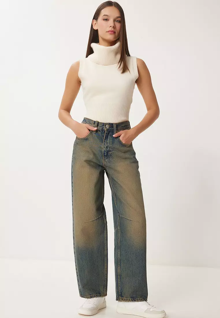 High Waist Faded Effect Baggy Jeans