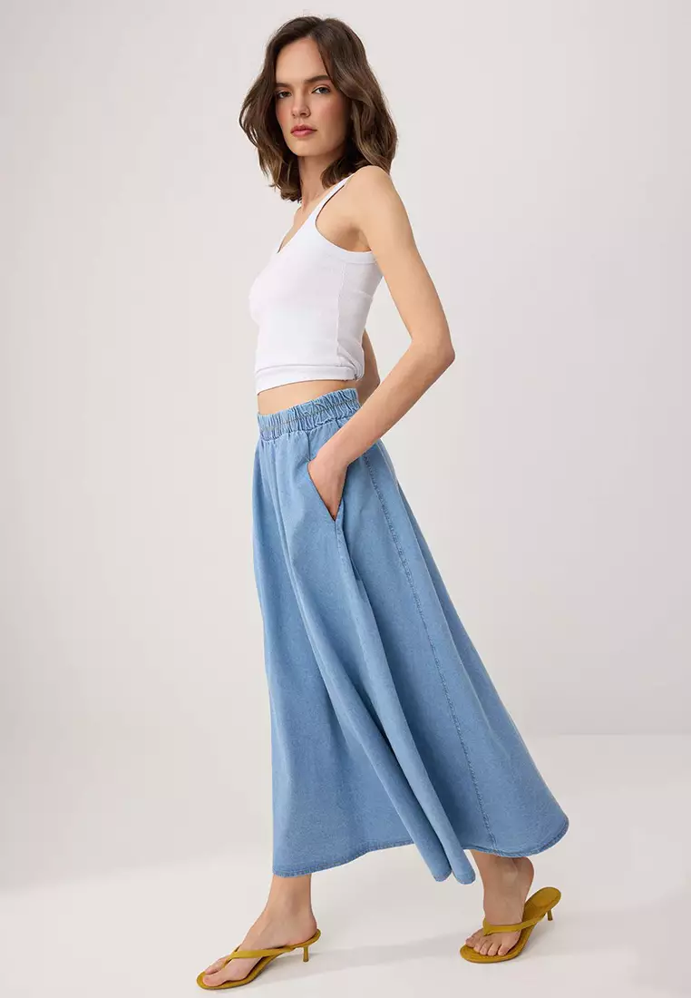 Blue Flared Maxi Denim Skirt Twoss26Et22