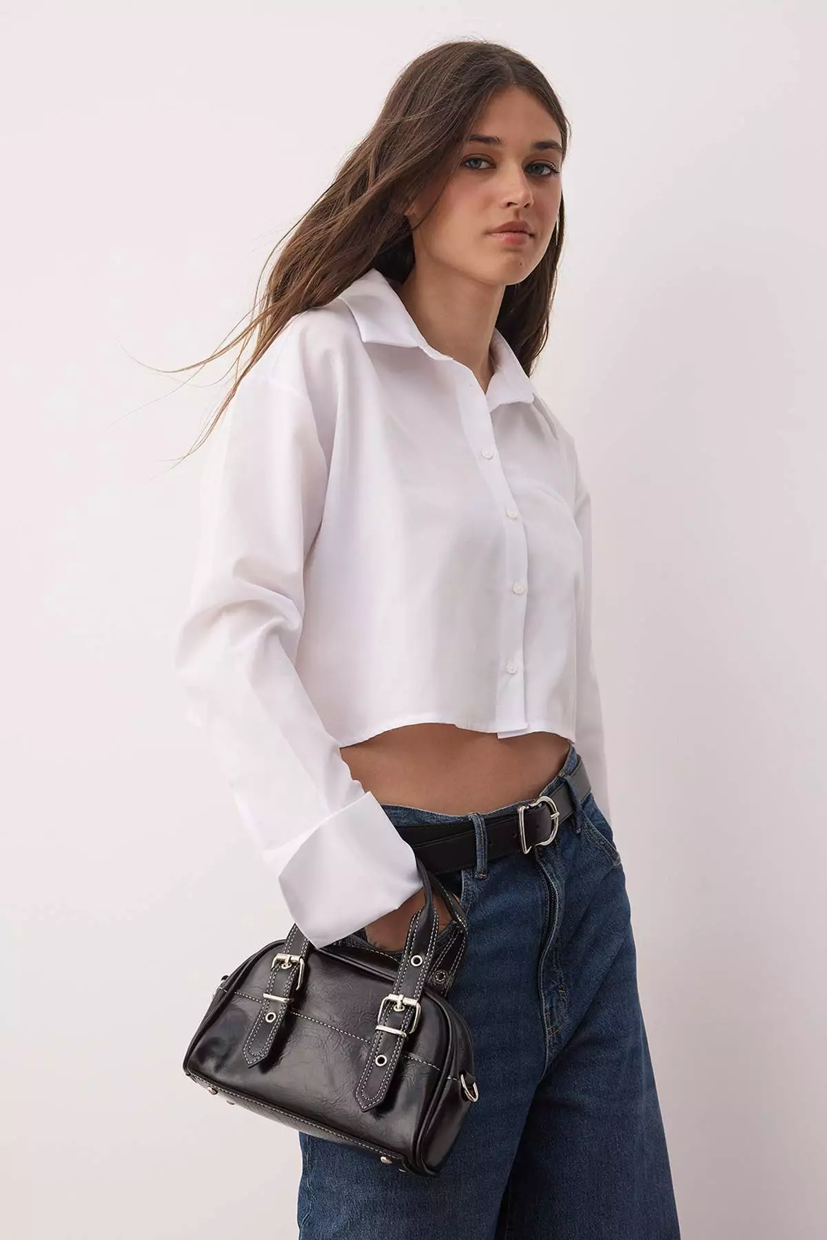 Black Contrast Stitched Women's Bowling Small Mini City Hand And Shoulder Bag