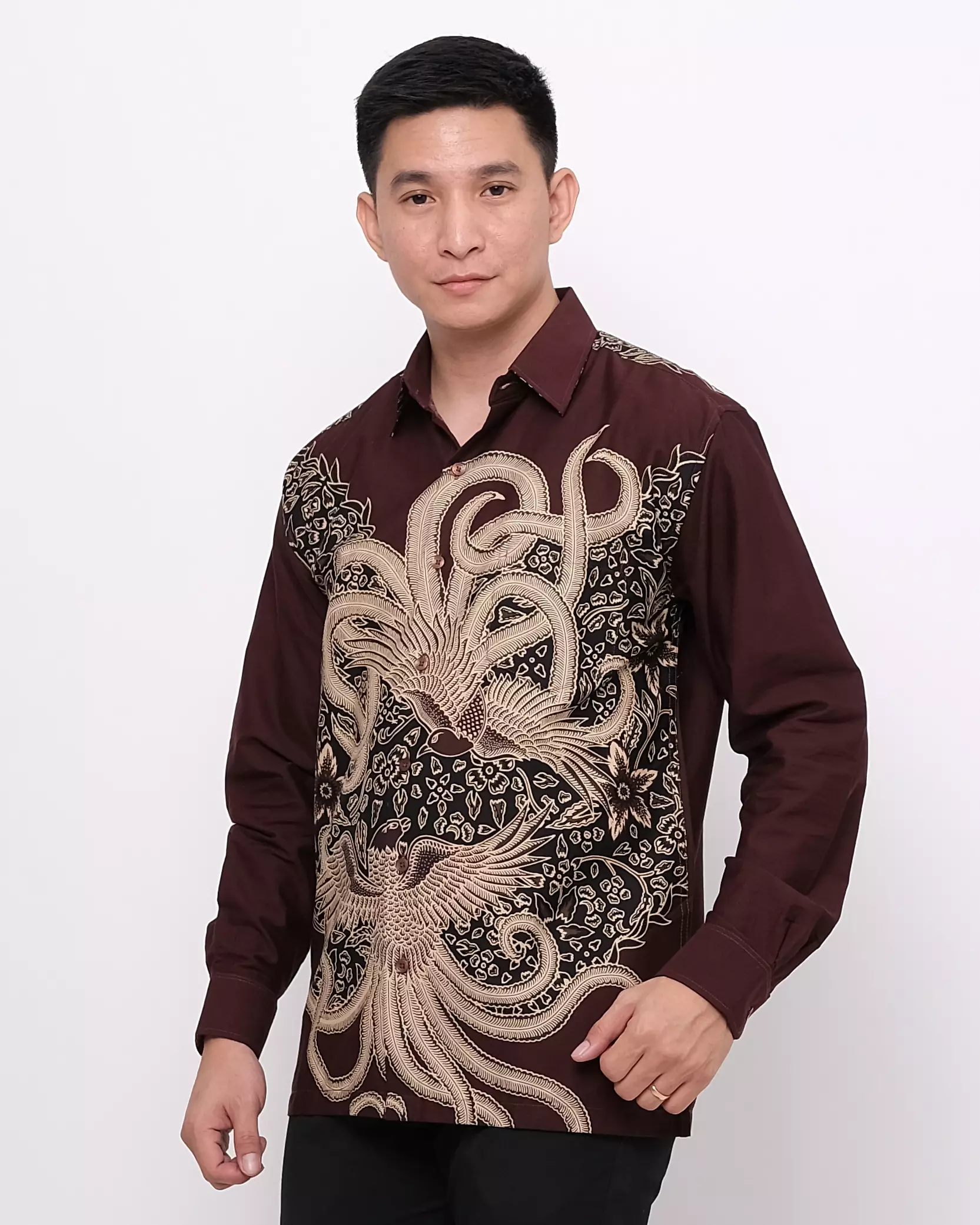 Andre Michel Kemeja Batik Lengan Panjang Maroon Motif Burung 16729