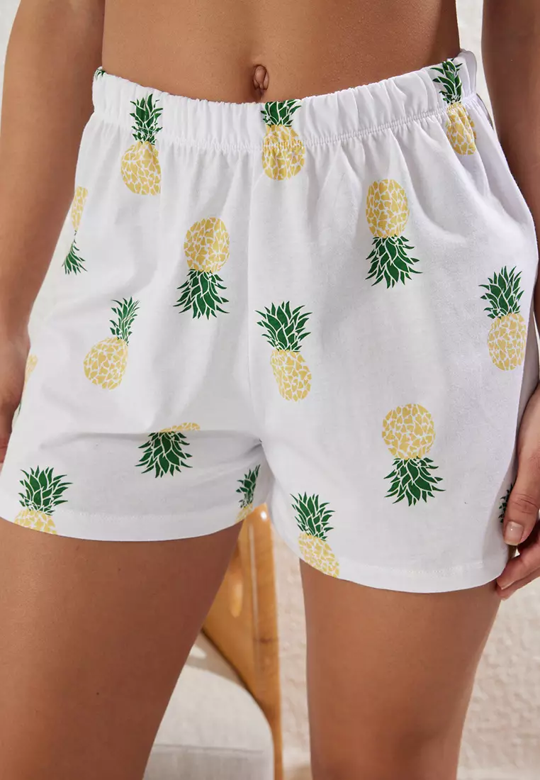 White Pineapple Patterned Shorts Knitted Pajama Set