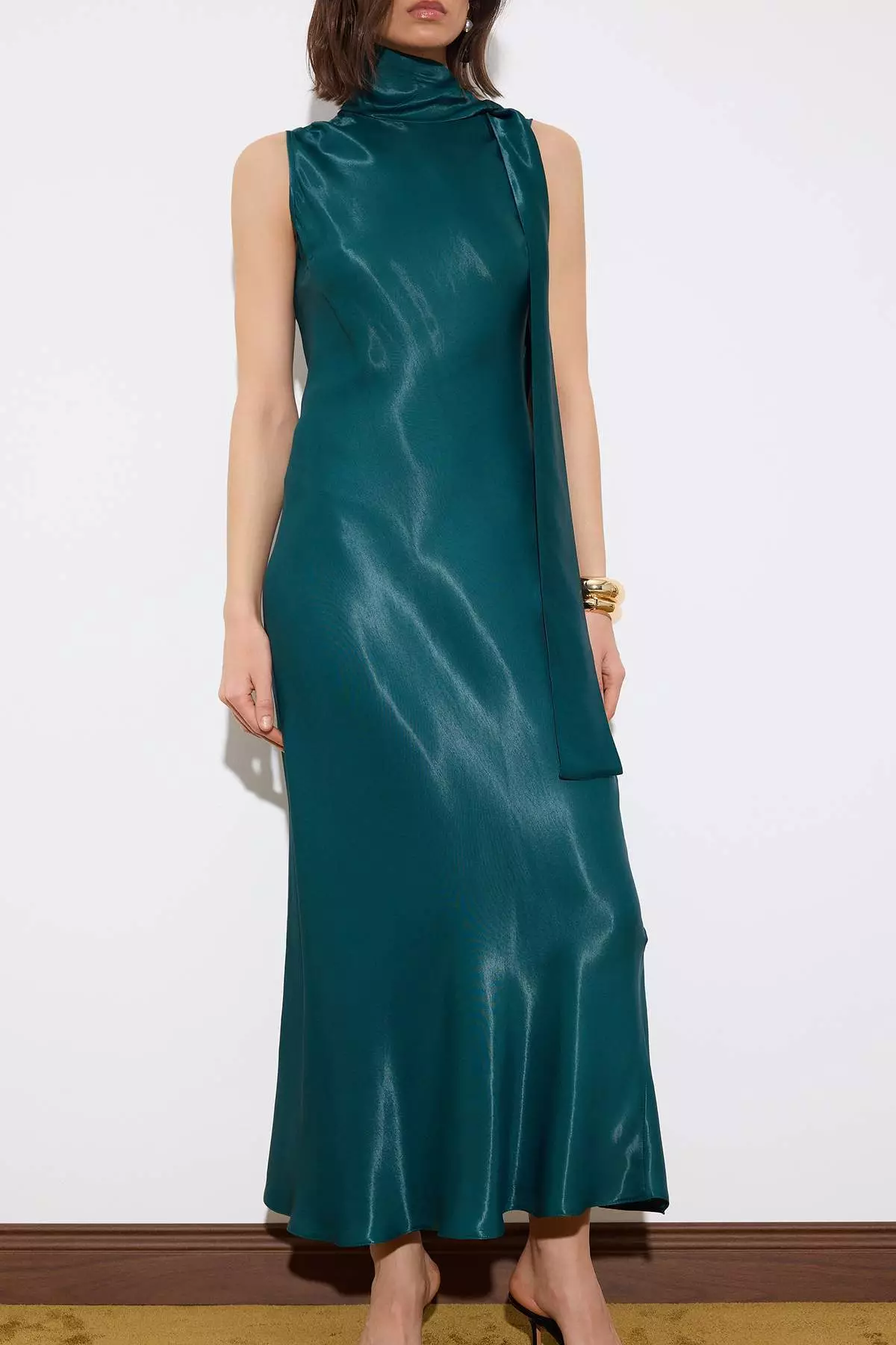 Emerald Green Scarf Detailed Satin Midi Stylish/Evening Dress Tprss26El29