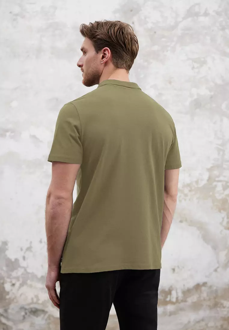 Khaki Regular/Normal Cut Zippered 100% Cotton Polo Neck T-Shirt