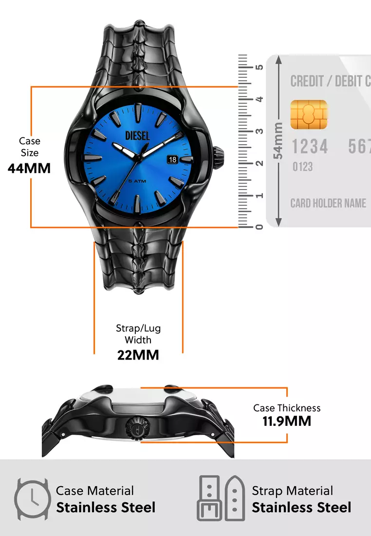 Diesel Men's Vert Analog Watch ( DZ2198 ) - Quartz, Black Case, Round Dial, 22 MM Black Stainless Steel Band