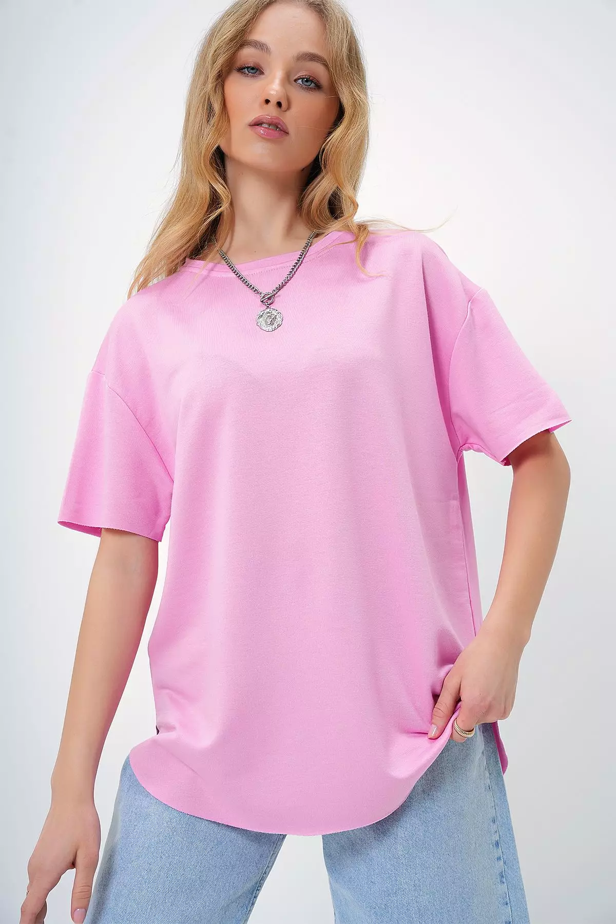 Women's Pink Crew Neck Oval Cut Modal T-Shirt