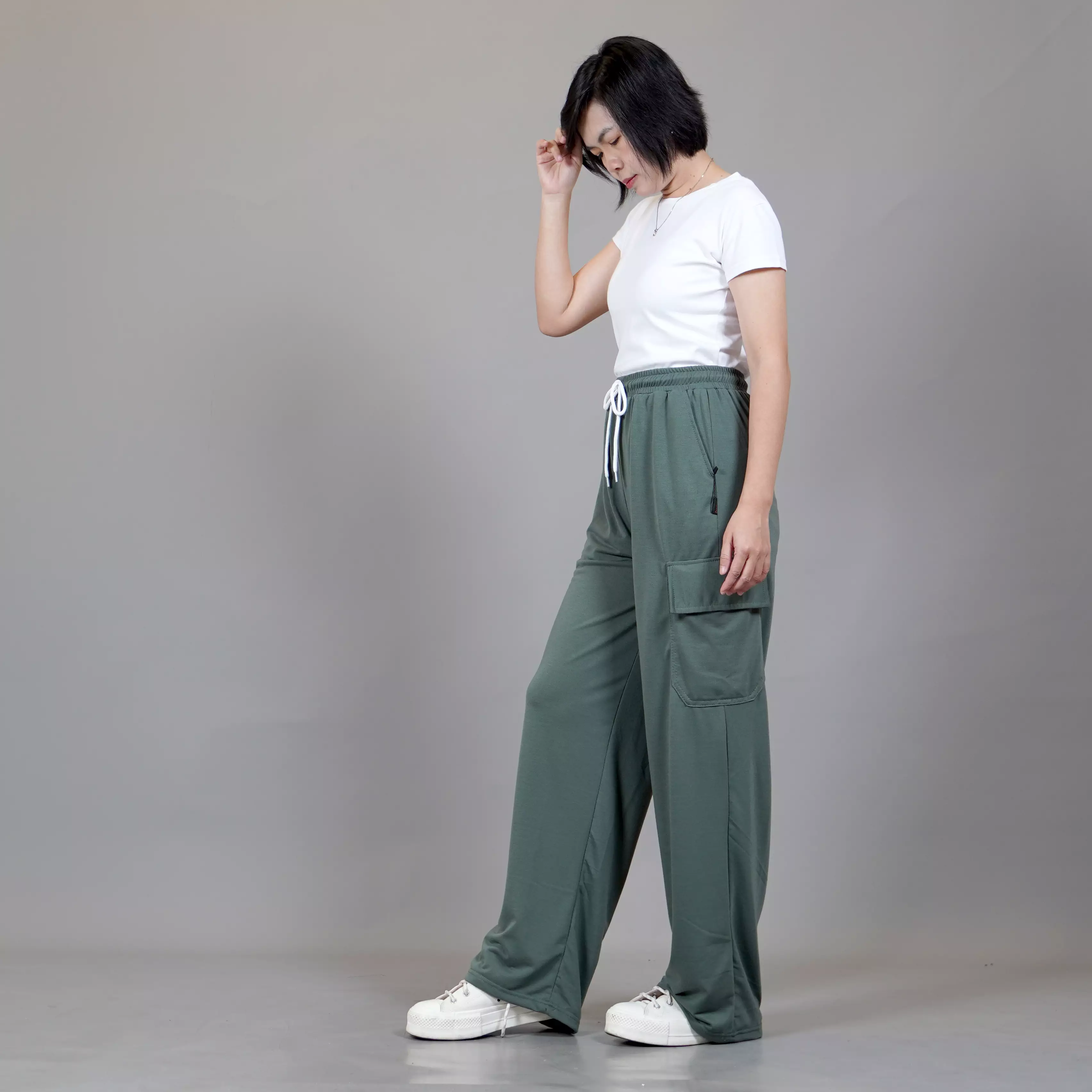  YOONA Celana Kargo Loose Fit Cargo Pants Wanita - SAGE