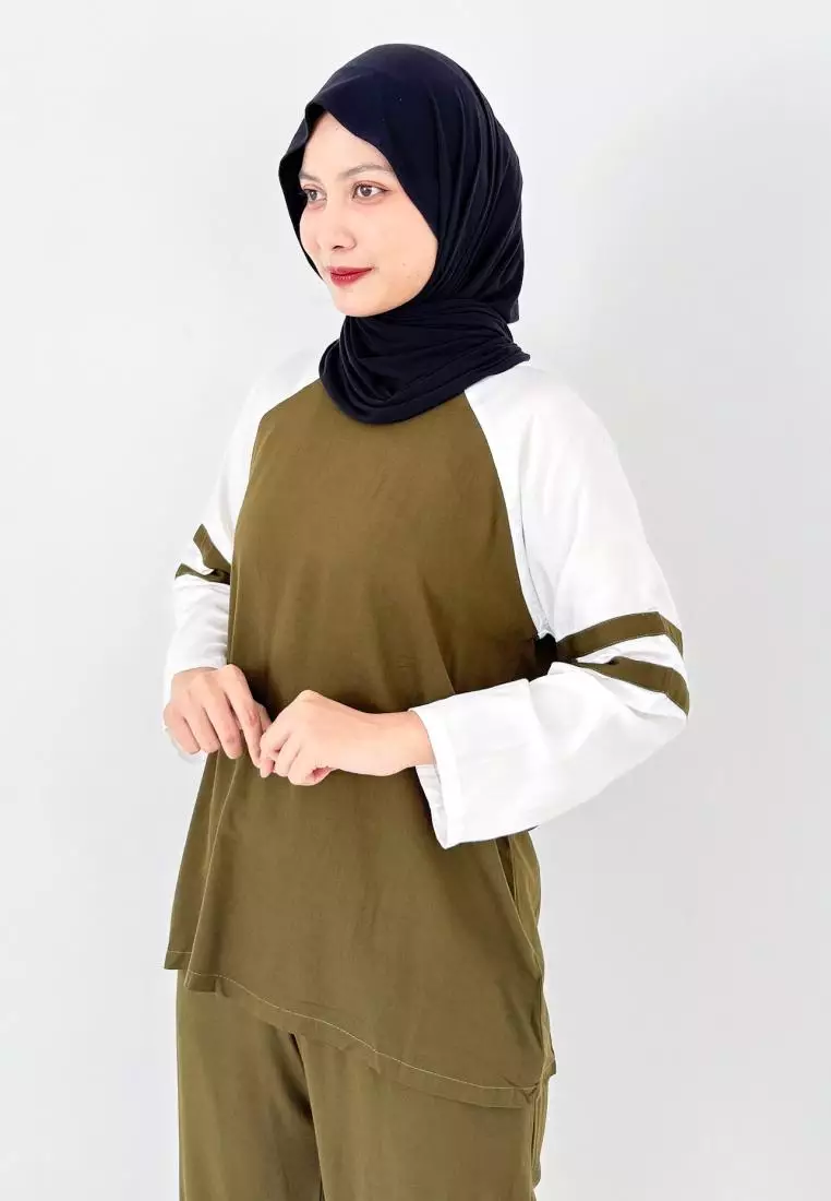 Set Katun Helmi (Setelan Piyama lengan Panjang Wanita) Olive