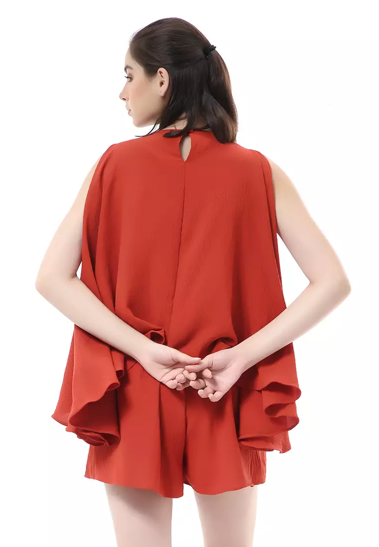 Nayra One Set Setelan Wanita Sleeveless Blouse with Short Pants Plain Motive Material Crepe Crinkle ORIGINAL - Tangerine