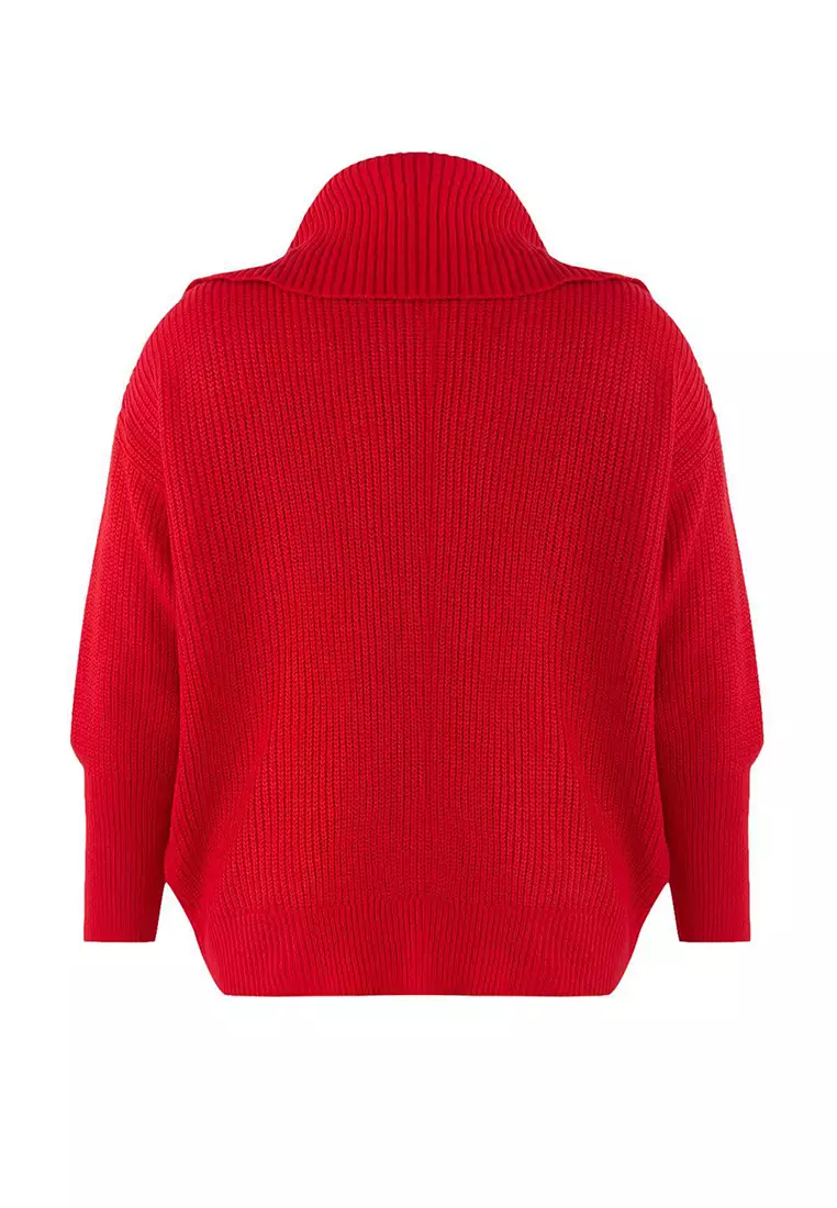 Red Turn-Down Collar Zipper Crop Knitwear Cardigan Tbbaw25Av00009