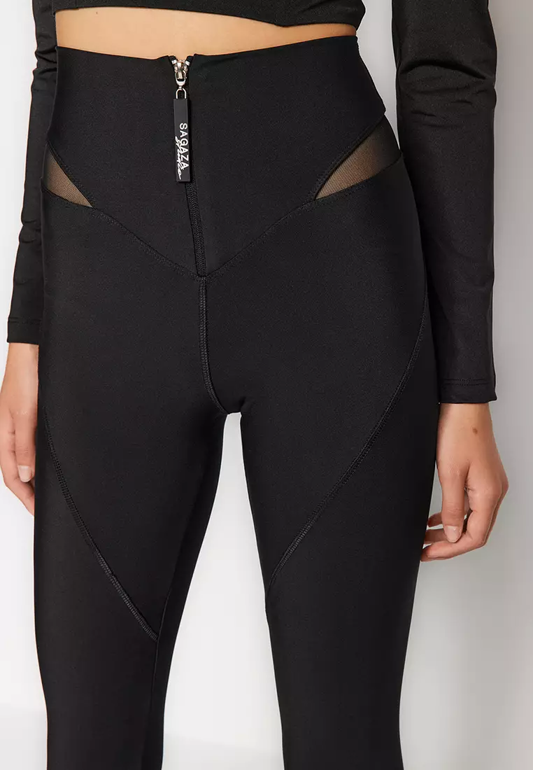 X Sagaza Studio Black Gathering Tulle Detail Full Length Sports Leggings TCLAW24TY00000