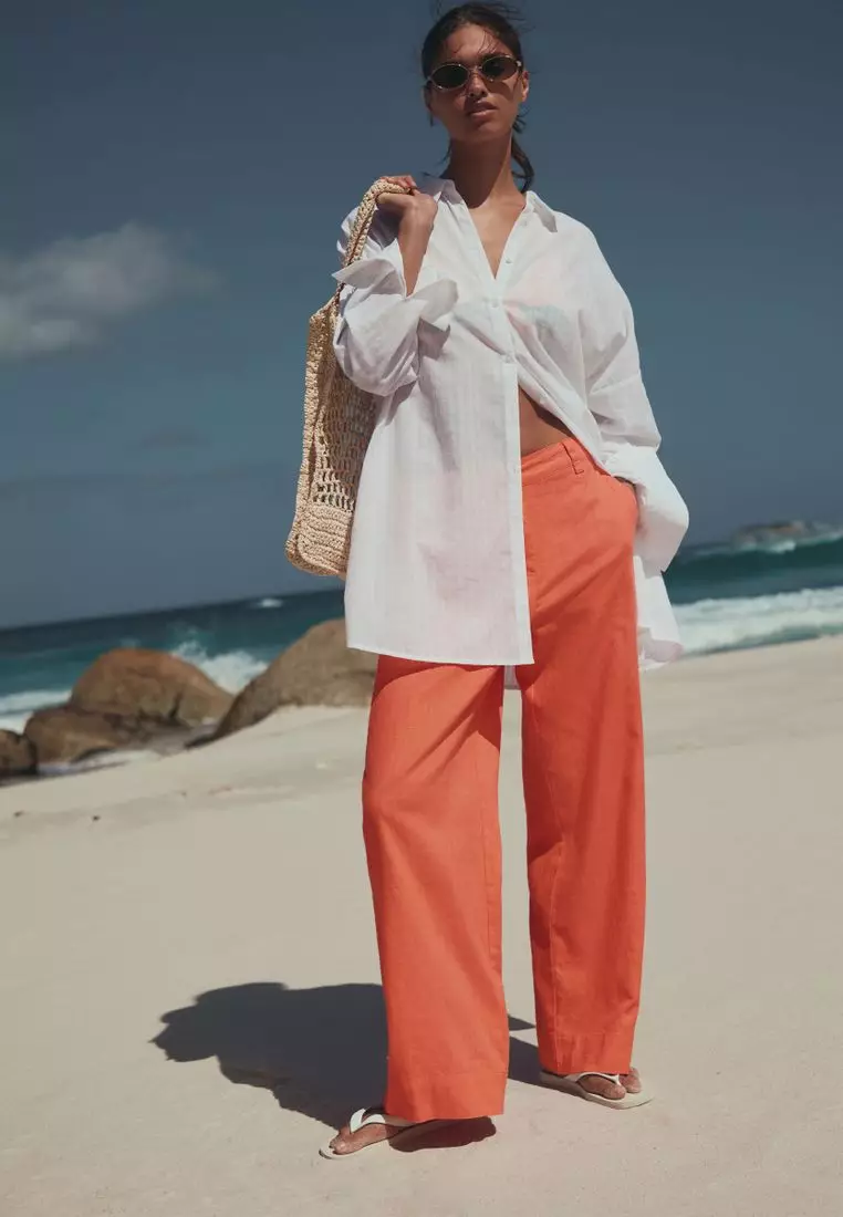 Smart Front Linen Blend Wide Leg Trousers