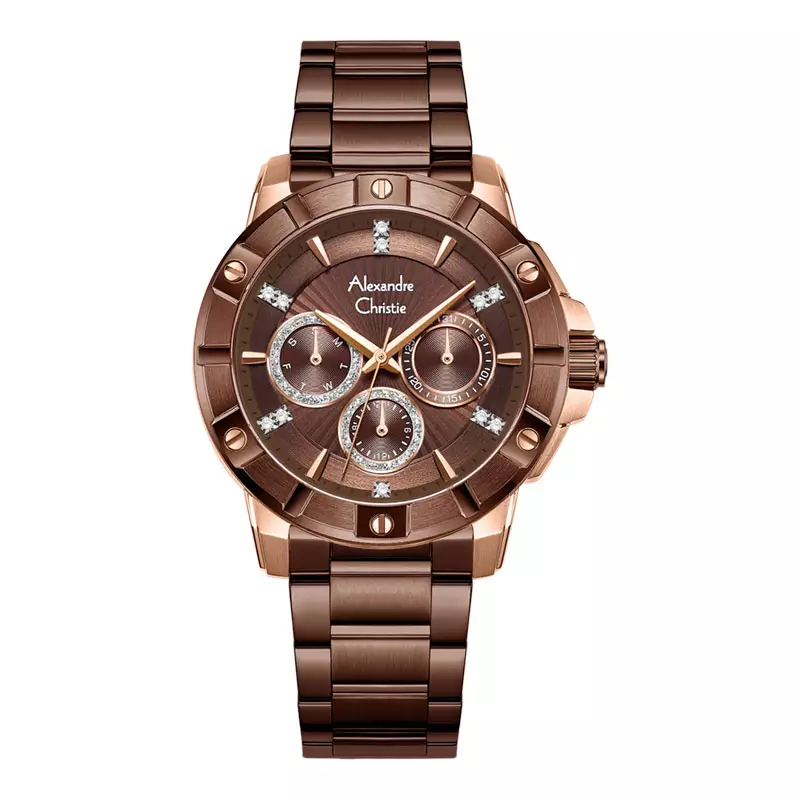 Jam Tangan Wanita Alexandre Christie AC 6609 BF BROBO-2 Ladies Brown Dial Brown Stainless Steel Strap
