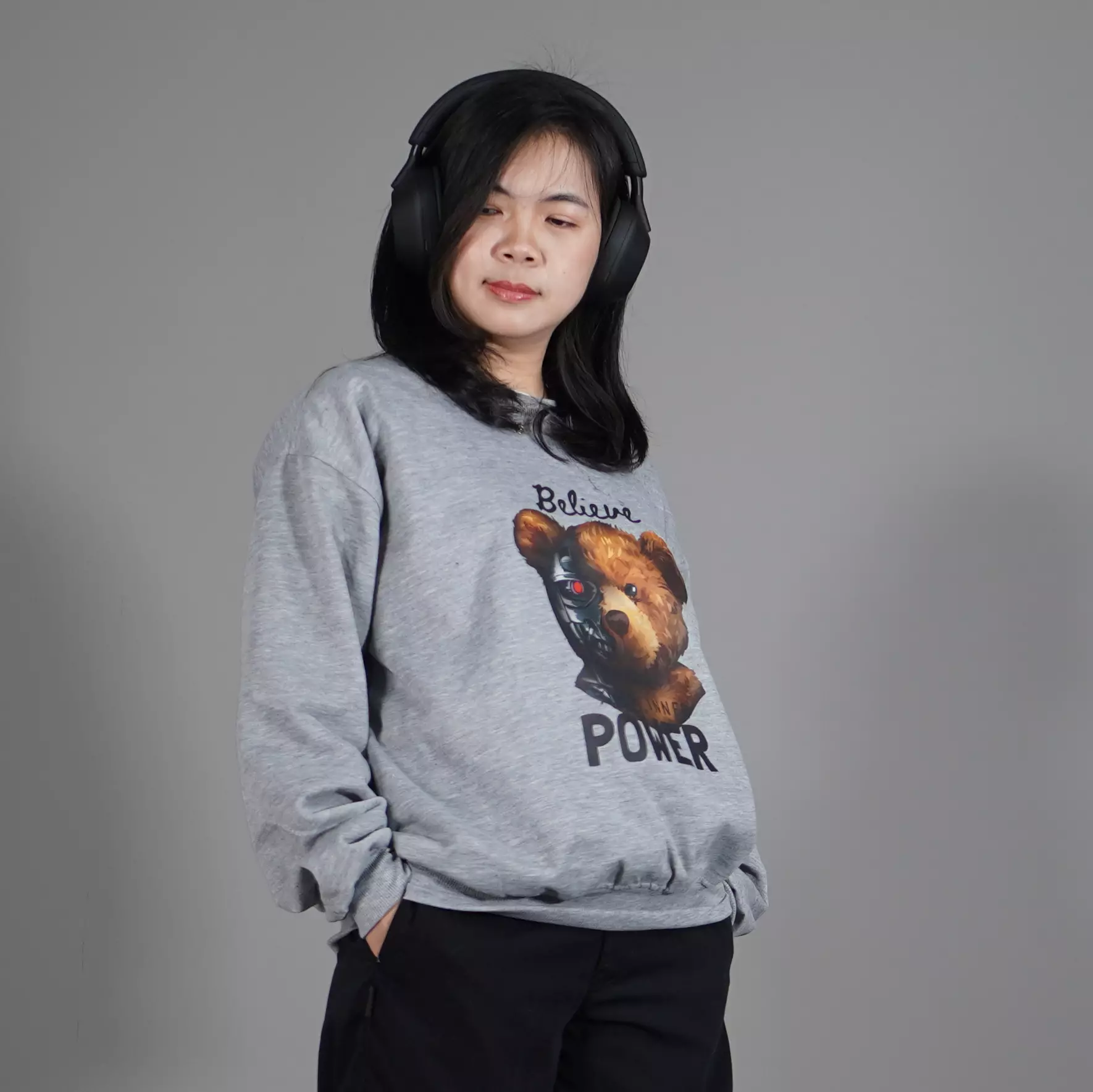  Sweater Sablon POWER Sweater Wanita Oversize Sweater Oversize Unisex - Abu Muda