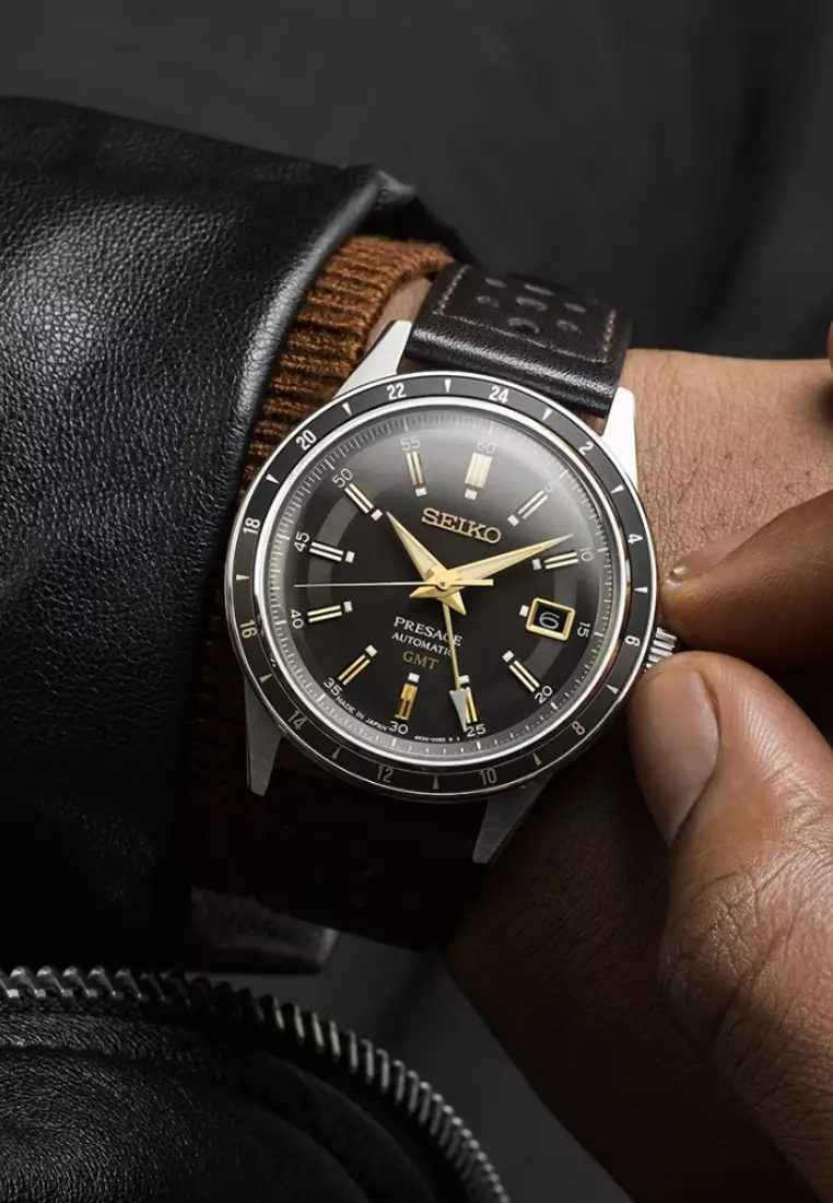 Seiko Presage ‘Fume’ Style 60s Road Trip GMT Dark Brown Dial Leather Band Automatic Watch SSK013J1