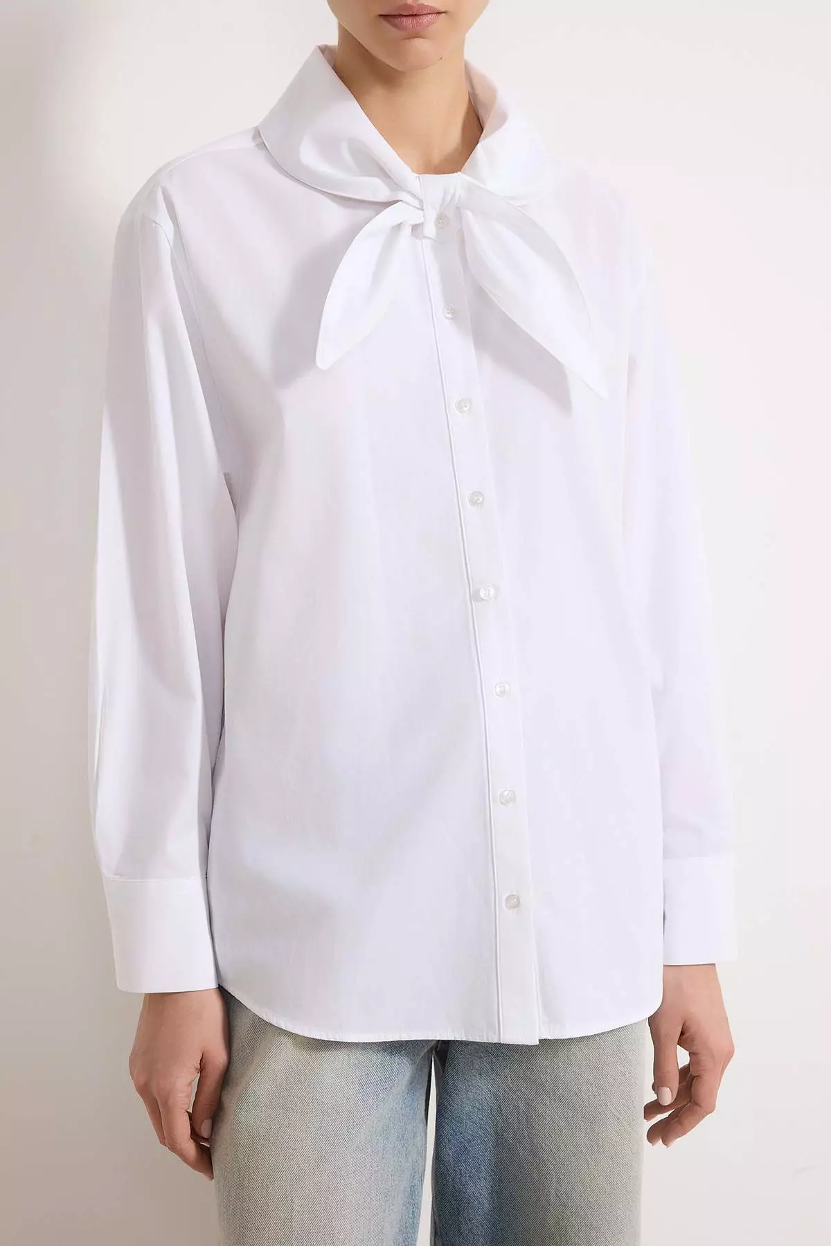 White Cotton Collar Bow Tie Wide Fit Poplin Shirt Twoaw26Go123