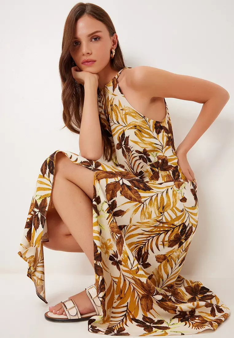 Women's Cream Mustard Halter Neck Patterned Midi Viscose Dress Fg00047