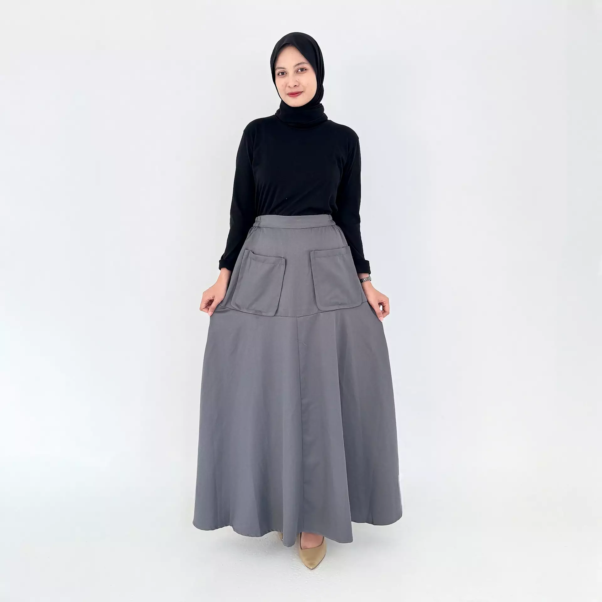 Flare Skirt Agatha (Rok Panjang Katun Wanita) Abu Tua