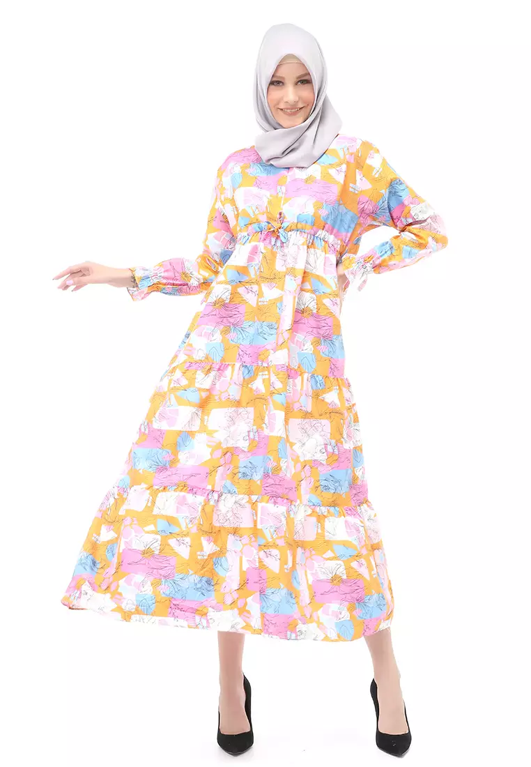 Zahra Gamis Muslimah Wanita Motif Garden Long Sleeve Comfortable To Wear - Orange