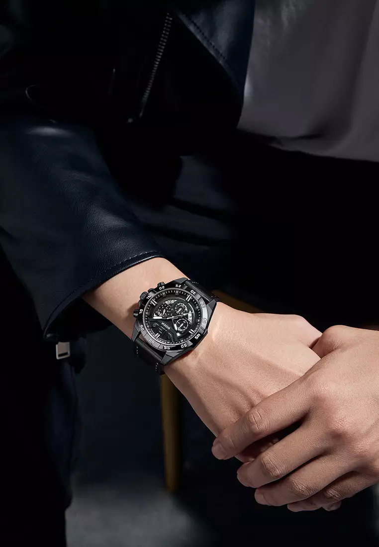 Jam Tangan Pria Original Multifungsi Analog & Digital Anti Air Tali Kulit Jam Tangan Cowok allblack