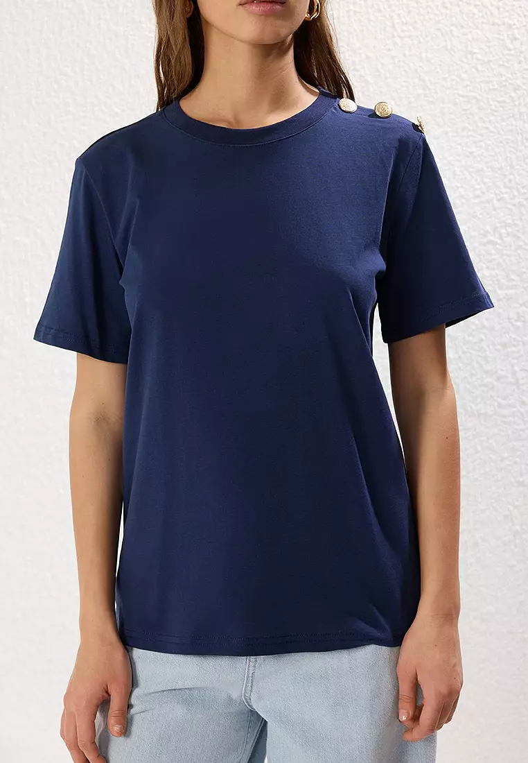Navy Blue Gold Button Detail Regular Cut Knitted T-Shirt