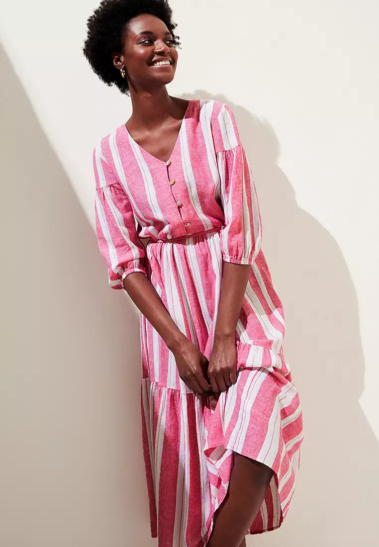 Linen Blend Striped V Midi Dress