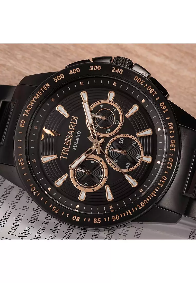 【2 Years Warranty】Trussardi T-Hawk 44mm Black Dial Men's Multifunction Quartz Watch R2453153002