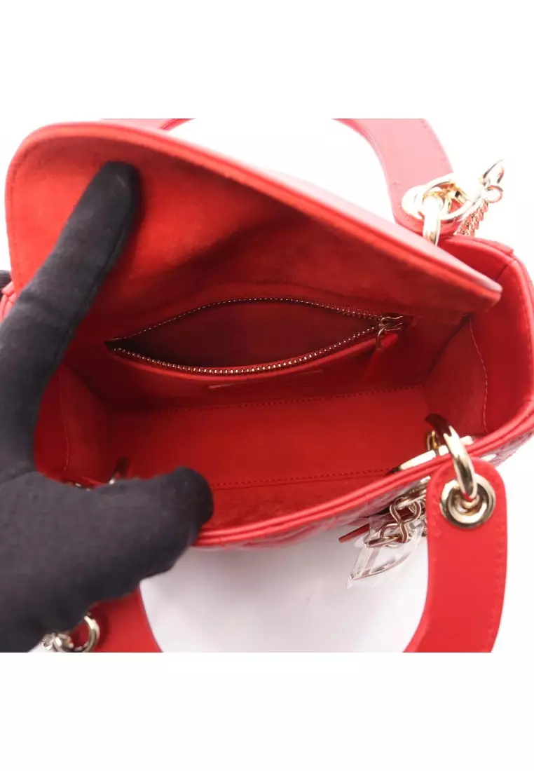 Pre-Loved Christian Dior lady dior mini Heart Cannage Handbag leather Red 2WAY