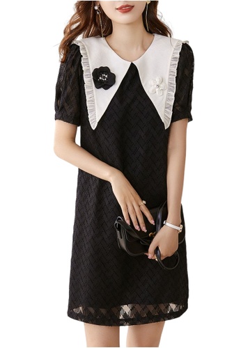 ONX.HK black Elegant Lapel Bubble Shoulder Chiffon Dress 1BFCFAA294F8C8GS_1