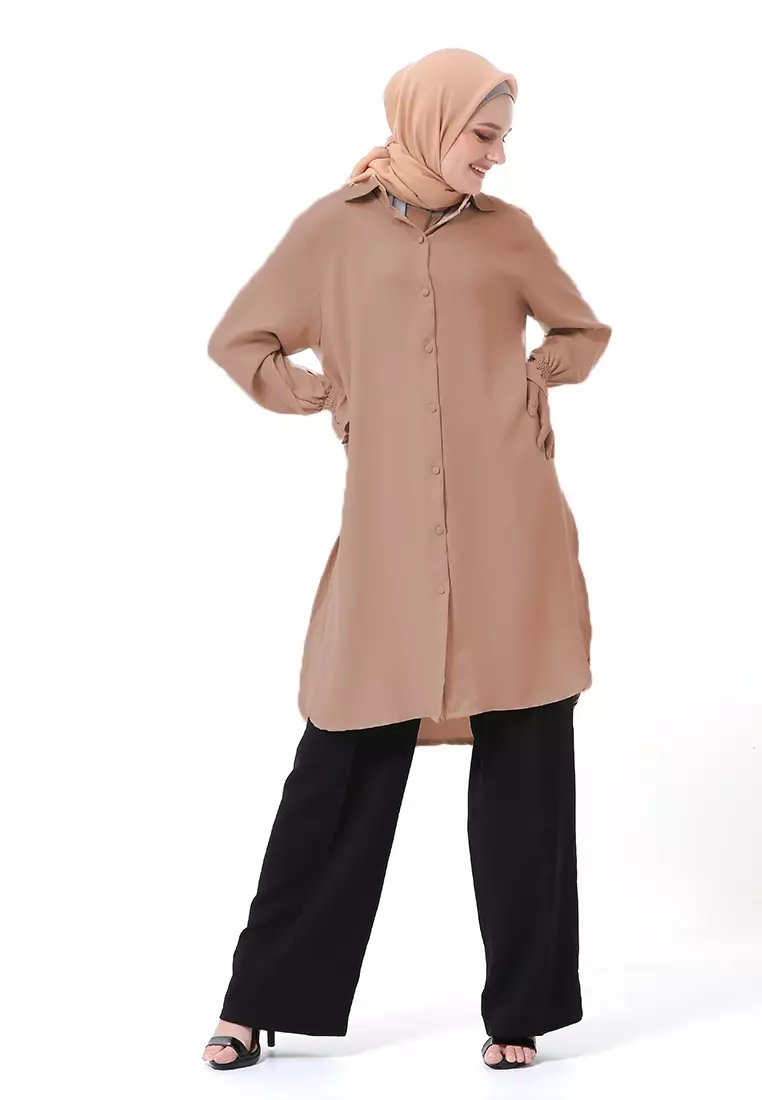 Icella Long Tunik Muslimah Atasan Wanita Motif Polos Lengan Panjang Premium Quality - Mocca