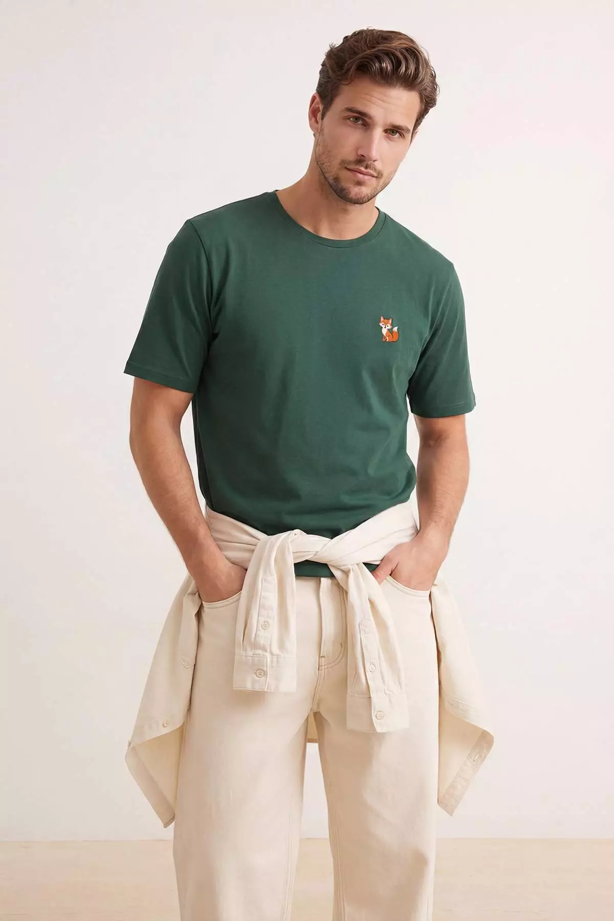 Unisex Khaki Oversize/Wide Cut Fox Embroidered 100% Cotton T-Shirt Tmnss26Ts00047