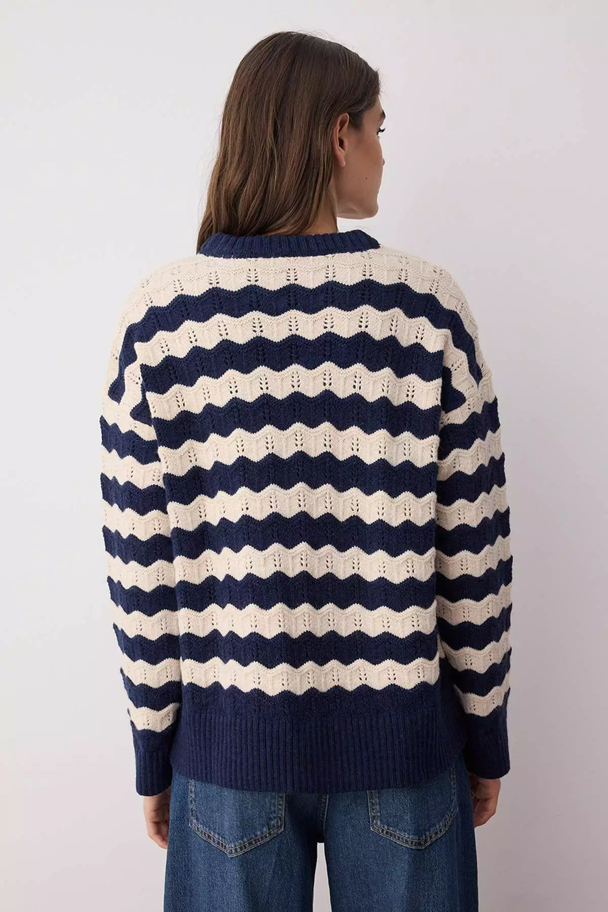 Navy Blue Soft Texture Wide Pattern Openwork/Hole Knitwear Sweater