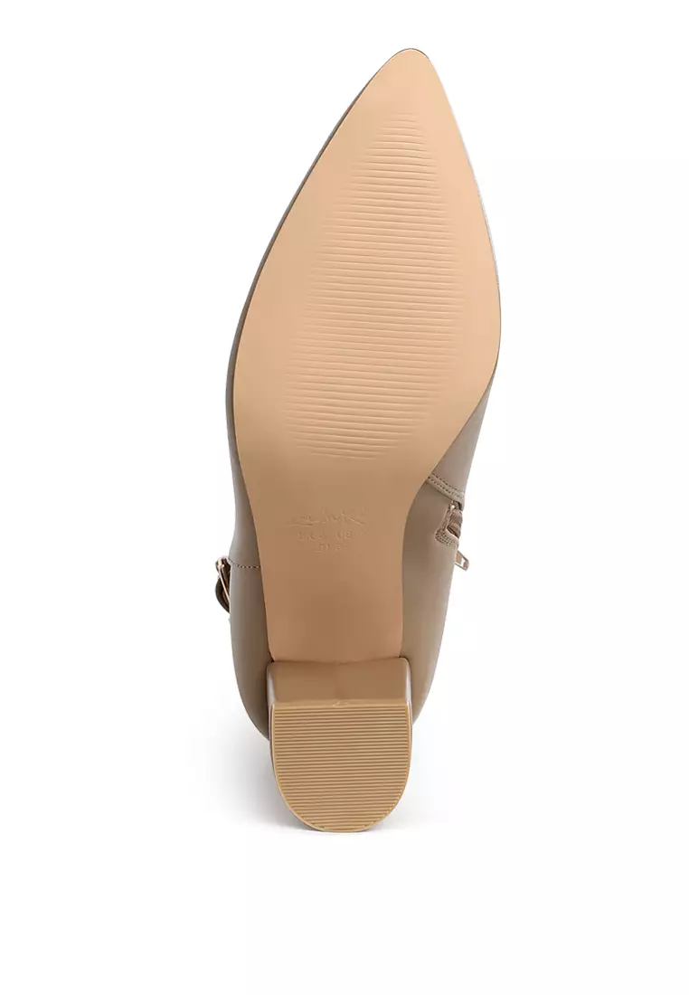 Belt Detail Block Heel Boots in Taupe