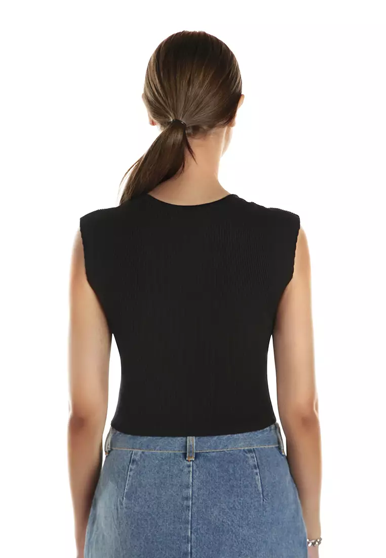 Square Neck Fitted Top In Black