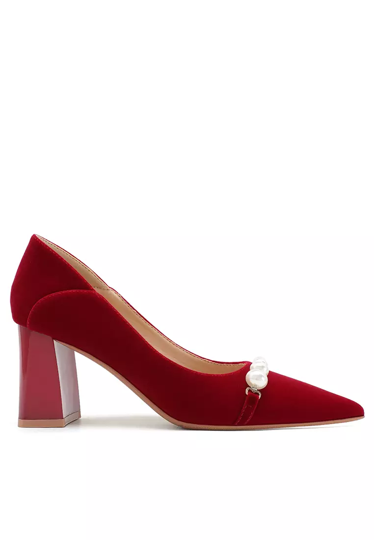 Red suede shop block heel pumps