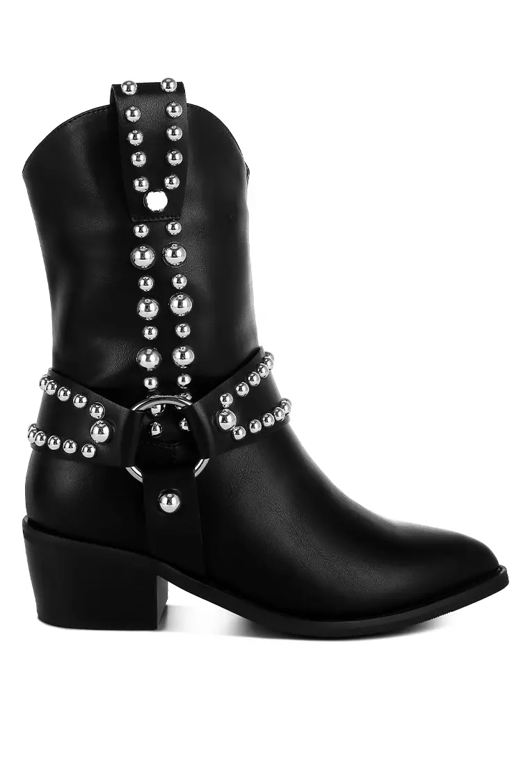 Studded Harness Detail Boots in Black