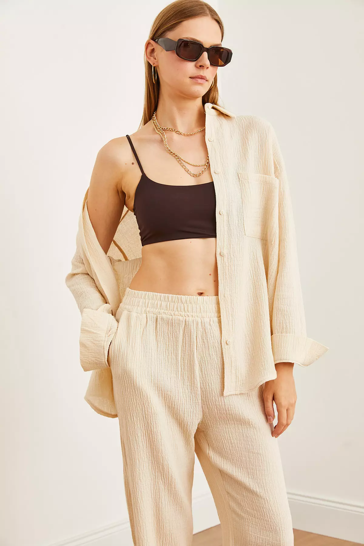 Oversize Stone Colored Women's Muslin Shirt - Gml- 19001217