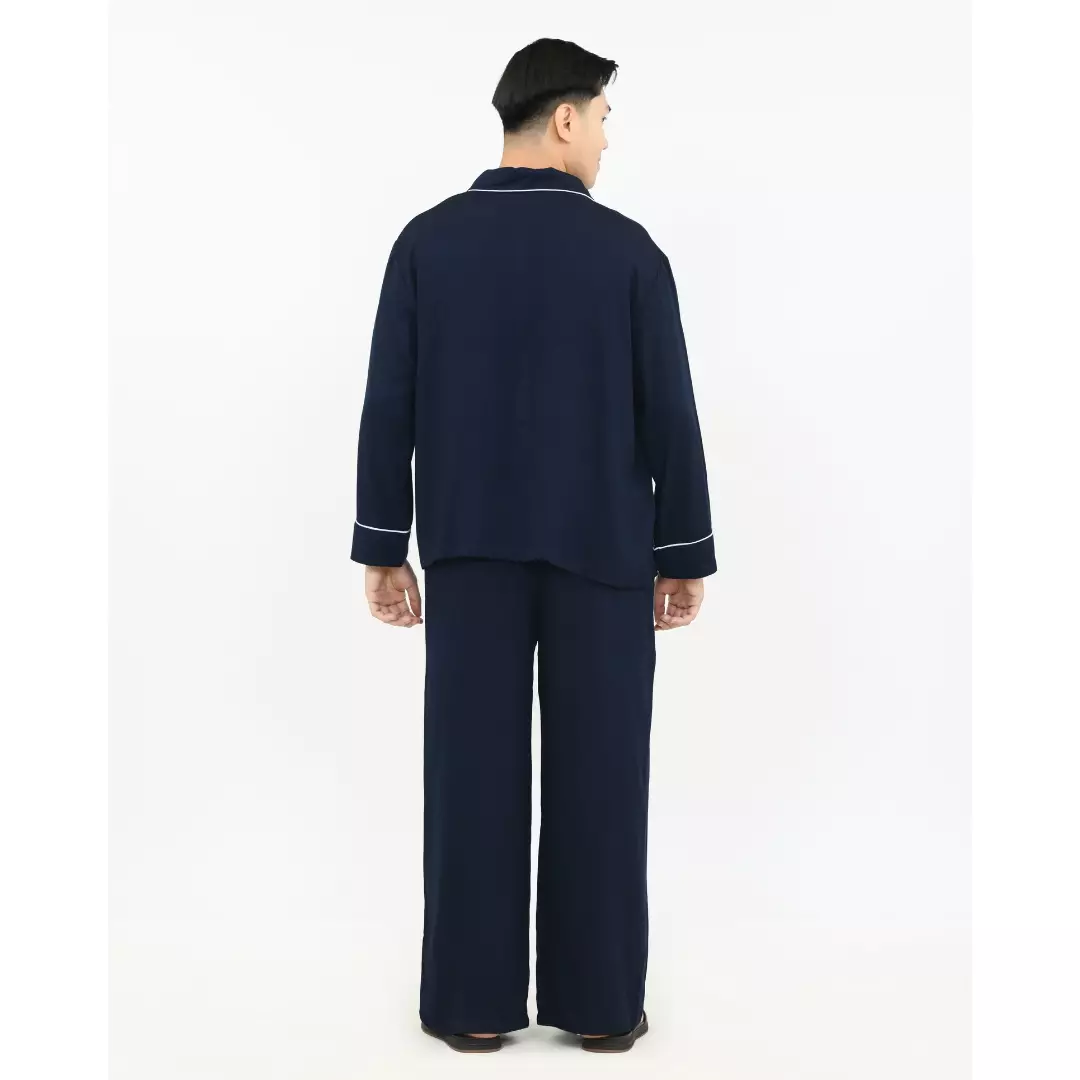 Setelan Baju Tidur Panjang Piyama Pria Plain [BIRU] One Set Sleepwear Pajamas Material Katun Size M-XXL