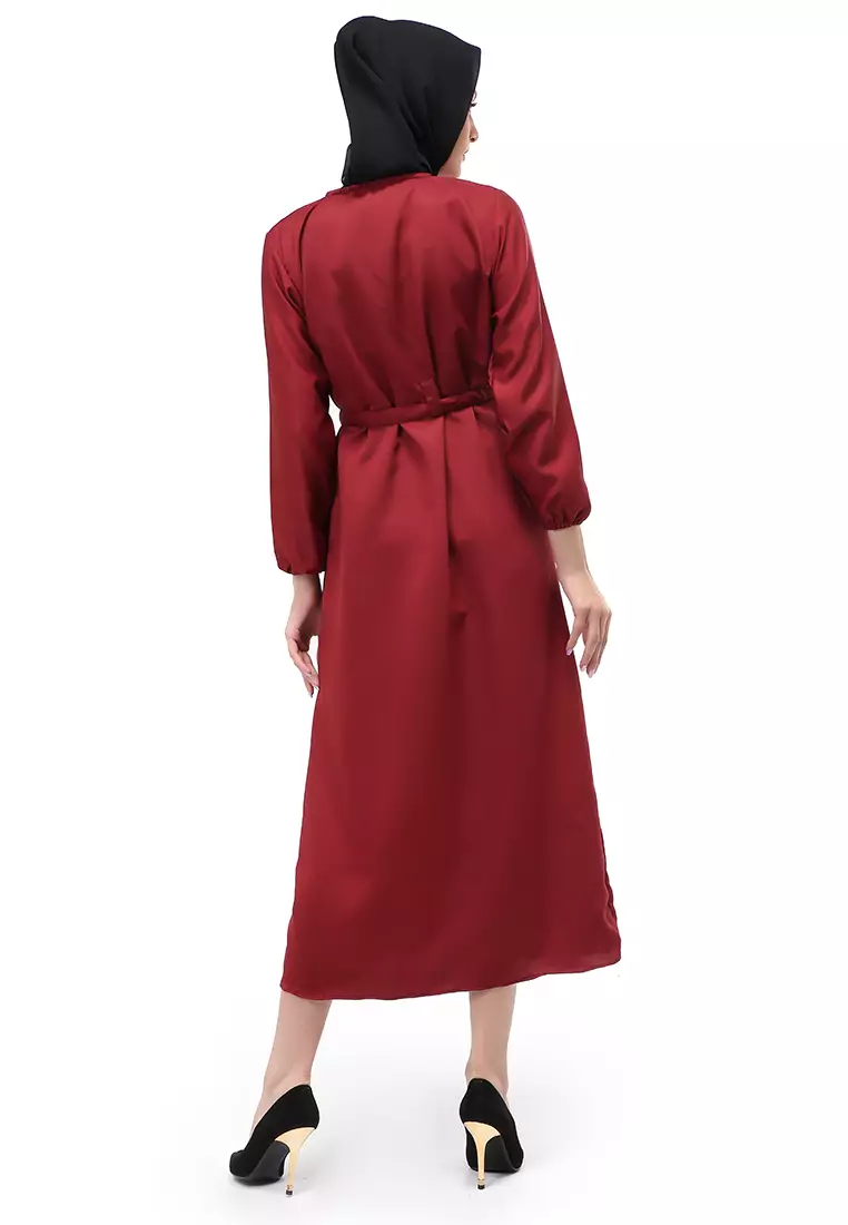 Berliana Gamis Muslimah Wanita With Belt Motif Polos Long Sleeve Relaxed Fit - Maroon