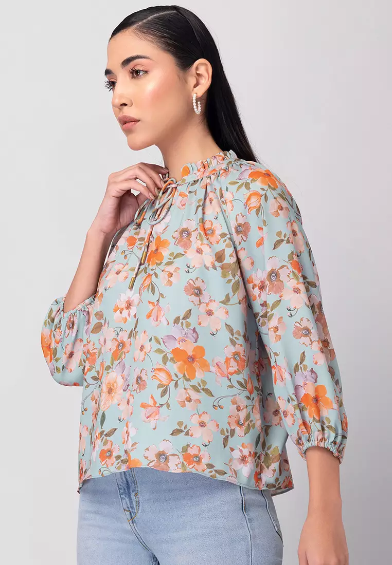 Blue Floral Raglan Sleeve Neck Tie Blouse
