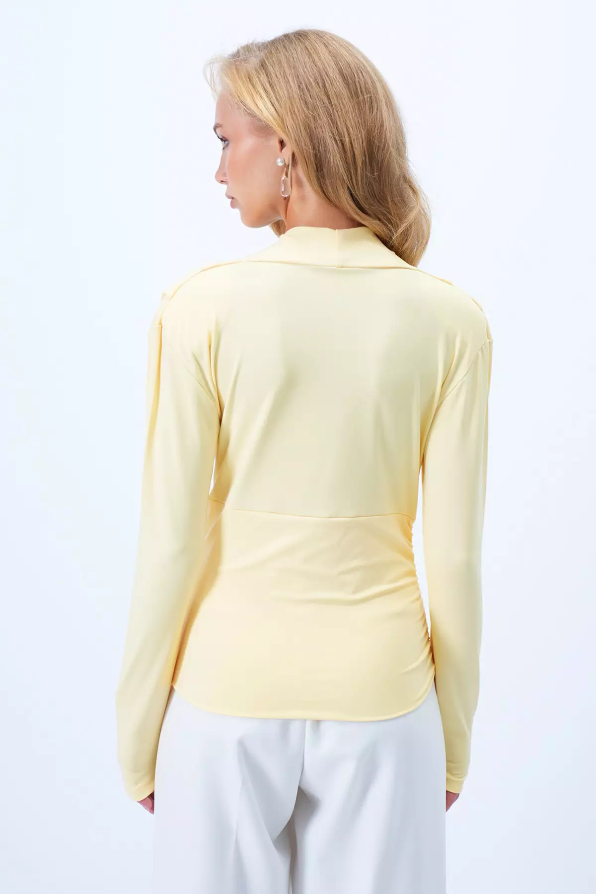 Women's Yellow Double-Breasted V-Neck Waist Corsage Sandy Blouse Alc-X14372