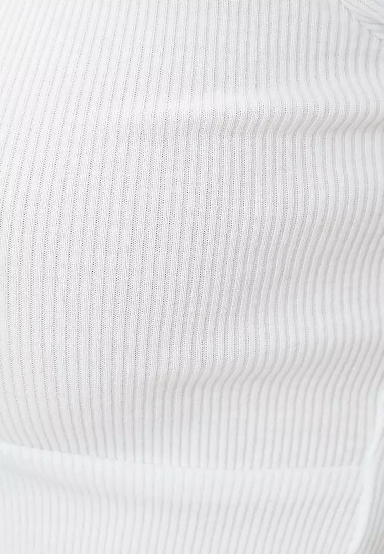 Crop Off The Shoulder Madonna Collar T-Shirt Ribbed Short Sleeve Knot Detail